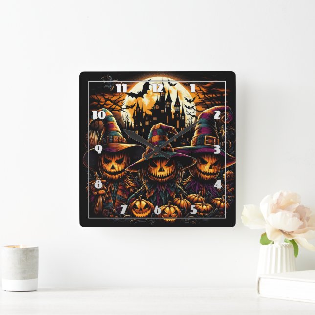Spookes Halloweenschrei mit glühenden Kürbis Quadratische Wanduhr (Zuhause)