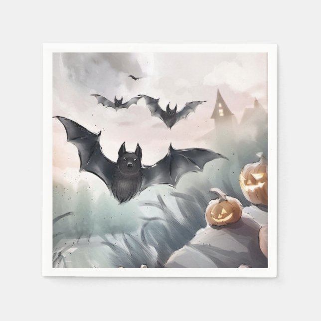 Spookes Haus mit Bat Design Halloween Wasserfarbe Serviette (Vorderseite)
