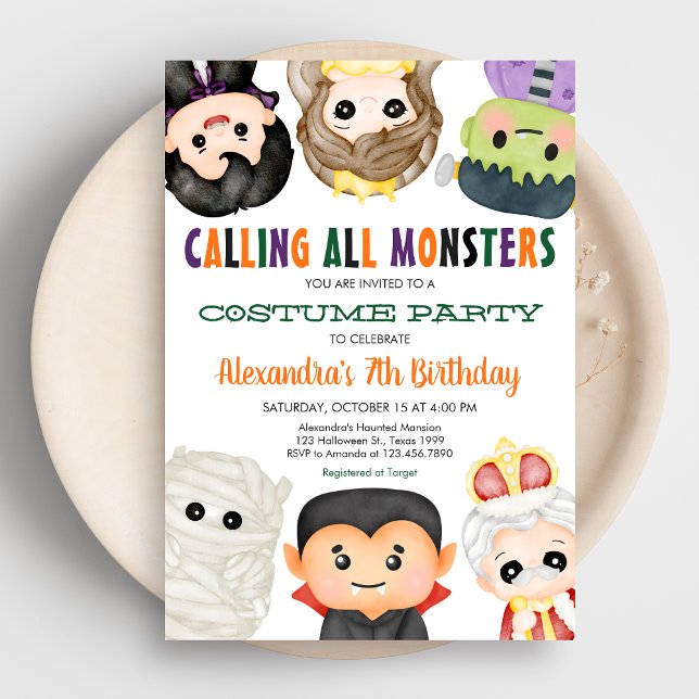 Spookes Kostüm Halloween Geburtstag Einladung (Calling All Monsters Costume Halloween Birthday Party Invitation)