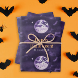 Spookes Lila Halloween Night Moon Wasserfarbe Geschenkpapier Set