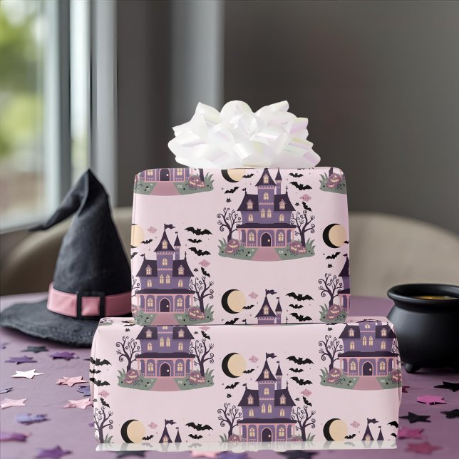Spookes niedliches Mansion-rosa Muster Geschenkpapier (Spooky cute Mansion pink pattern Wrapping Paper)