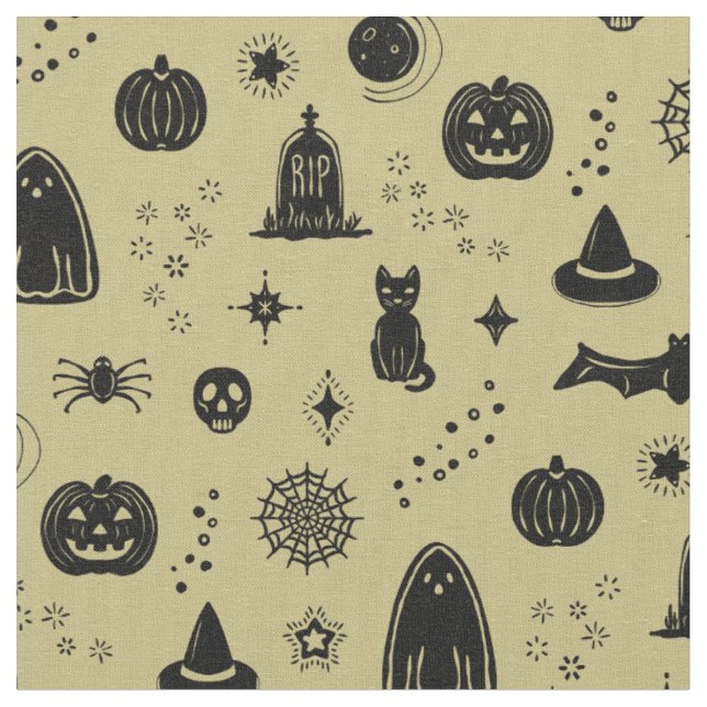 Spookie-Dinge Muster - Gold + Kohlestoff Stoff (Nahaufnahme)