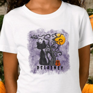 Spookk Niedlich Halloween Black Cat Bat Name Lila T-Shirt