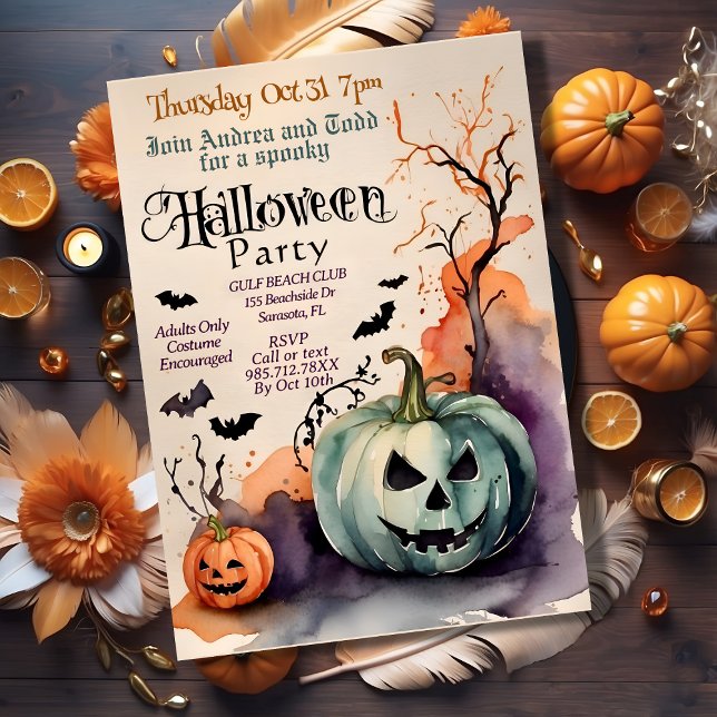 Spookke Kürbis Kostüm Party Aquarellfarbe Hallowee Einladung (Von Creator hochgeladen)