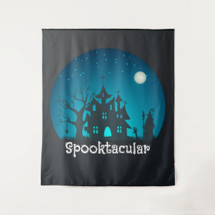 Spooktacular Blau und Schwarz Spuk Haus Wandteppich