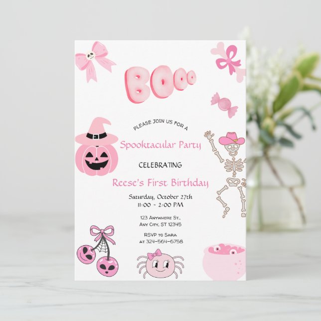 Spooktacular Erstgeburtstag Pink Halloween Einladung (Stehend Vorderseite)