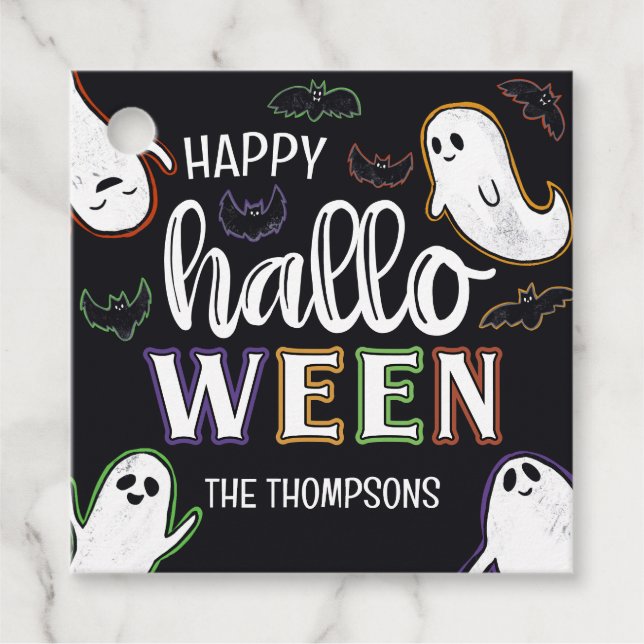 Spooktacular Geister & Fledermäuse glückliches Hal Geschenkanhänger (Vorderseite)