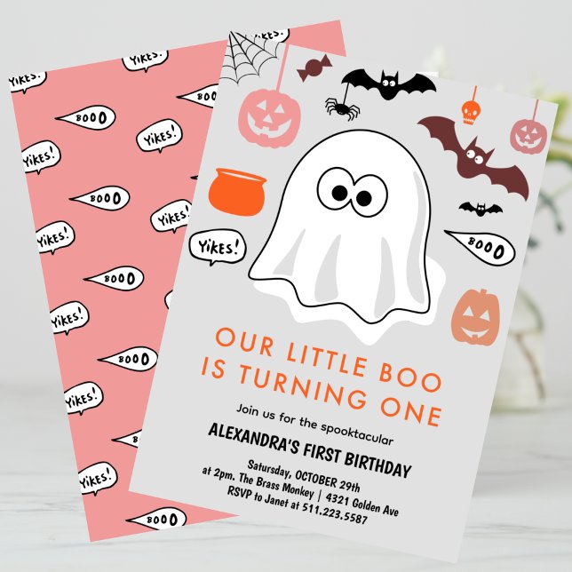 Spooktacular Niedlich Ghost Halloween 1. Geburtsta Einladung (Halloween-1st-birthday-Invitation-Spooktacular-Cute-Ghost-pink-1)