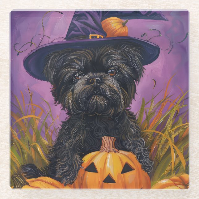 Spooky Affenpinscher Halloween Hexe und Pumpkin Glasuntersetzer (Vorderseite)