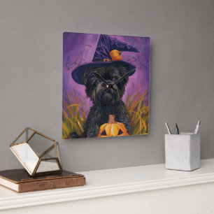 Spooky Affenpinscher Halloween Hexe und Pumpkin Quadratische Wanduhr