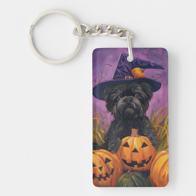 Spooky Affenpinscher Halloween Hexe und Pumpkin Schlüsselanhänger (Vorderseite)