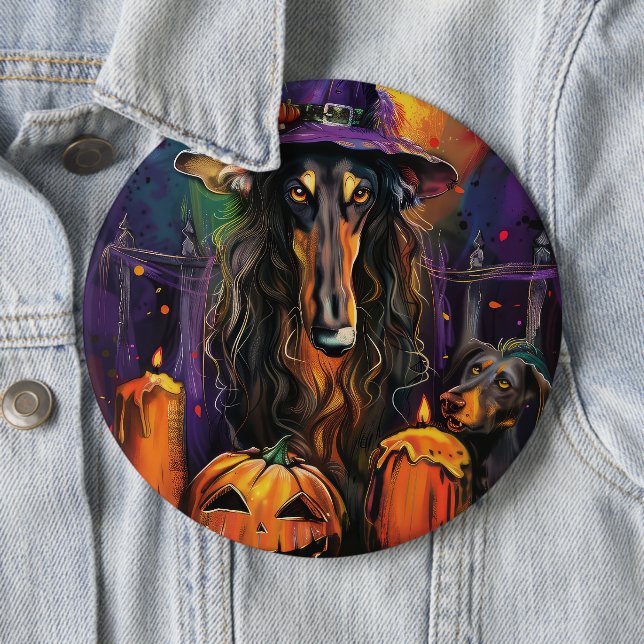Spooky Afghan Hound Halloween Hexe und Pumpkin Button (Beispiel)