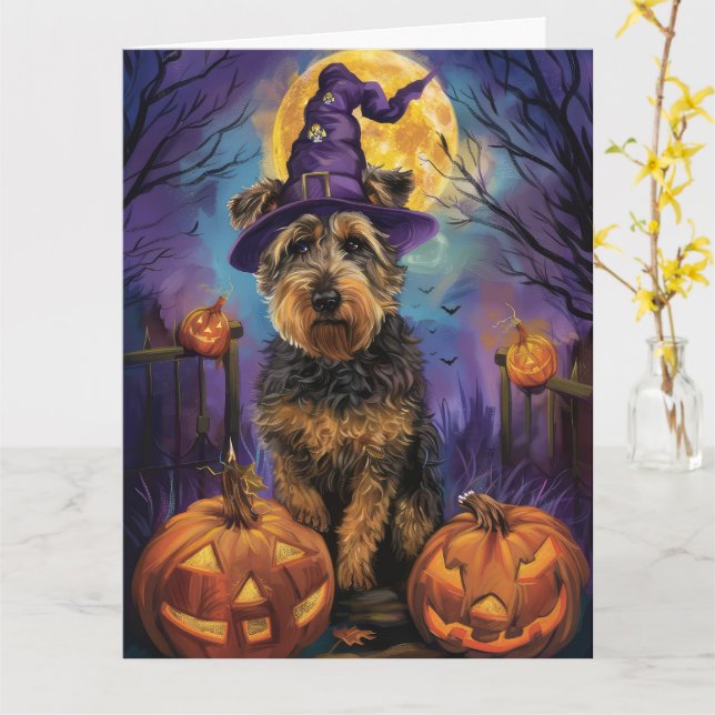 Spooky Airedale Halloween Hexe und Pumpkin Karte (Gelbe Blume)
