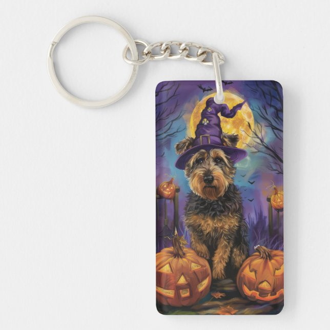 Spooky Airedale Halloween Hexe und Pumpkin Schlüsselanhänger (Vorderseite)