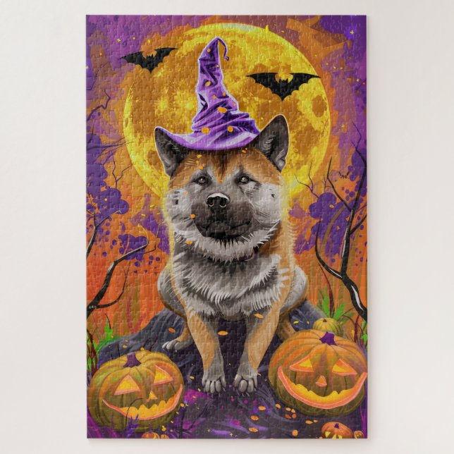 Spooky Akita Halloween Hexe und Pumpkin (Vertikal)