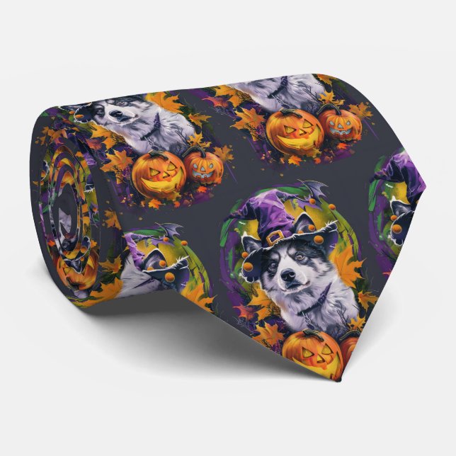 Spooky Akita Halloween Hexe und Pumpkin Krawatte (Gerollt)