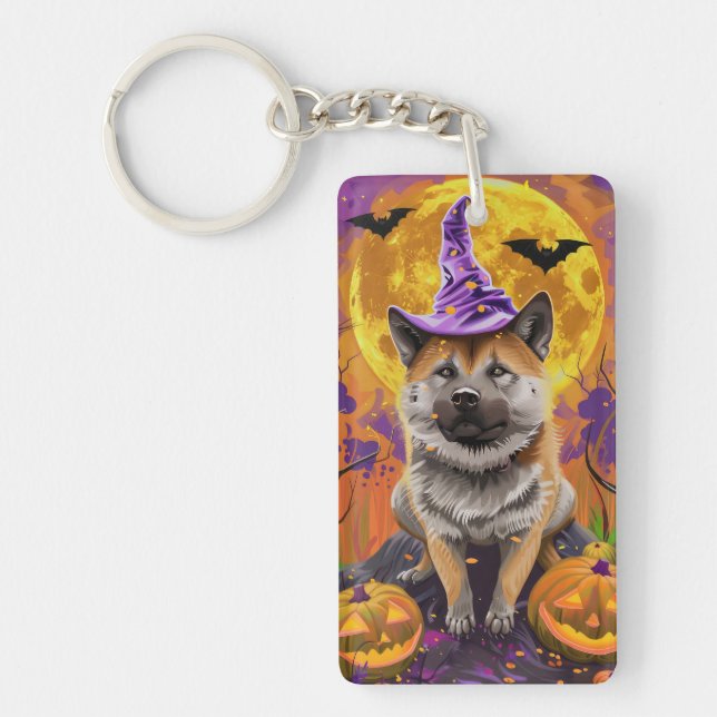 Spooky Akita Halloween Hexe und Pumpkin Schlüsselanhänger (Vorderseite)