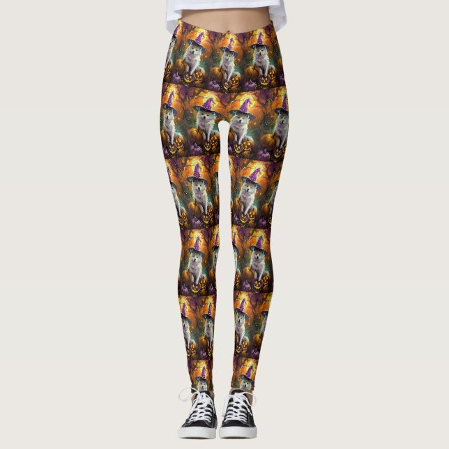Spooky American Eskimo Halloween Hexe und Pumpkin Leggings (Vorderseite)