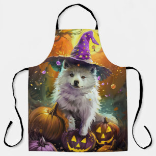 Spooky American Eskimo Halloween Hexe und Pumpkin Schürze