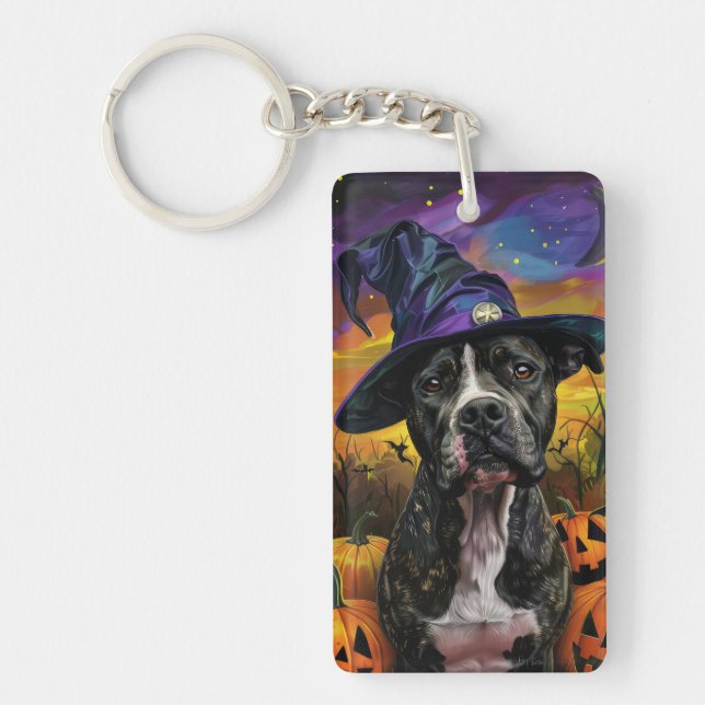 Spooky American Staffordshire Halloween Pumpkin Schlüsselanhänger (Vorderseite)