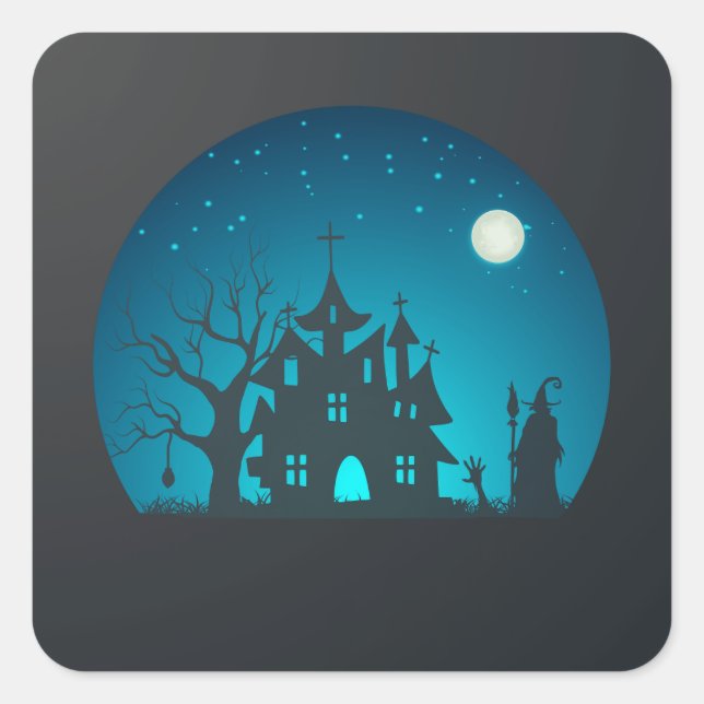 Spooky and Fun Blue and Black Spuk House Quadratischer Aufkleber (Vorderseite)