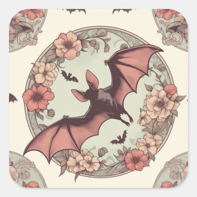 Spooky Art Nouveau Bats Illustration Hübscher Horr Quadratischer Aufkleber (Vorderseite)