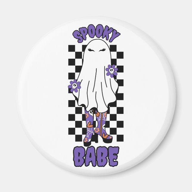 "Spooky Babe" Frau Halloween Ghost Retro Lila Magnet (Vorne)