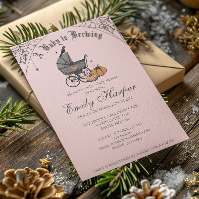 Spooky Baby braut Gothic Baby Dusche Einladung (Halloween Baby Shower A Baby Is Brewing Invite. Hand Drawn Victorian Baby Carriage, Pumpkins, Webs.)