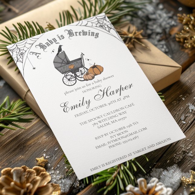 Spooky Baby braut Gothic Baby Dusche Einladung (Halloween Baby Shower A Baby Is Brewing Invite. Hand Drawn Victorian Baby Carriage, Pumpkins, Webs.)