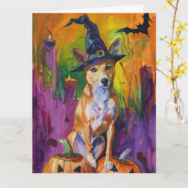 Spooky Basenji Halloween Hexe und Pumpkin Karte (Gelbe Blume)