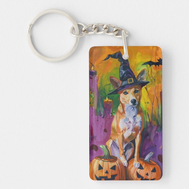 Spooky Basenji Halloween Hexe und Pumpkin Schlüsselanhänger (Vorderseite)
