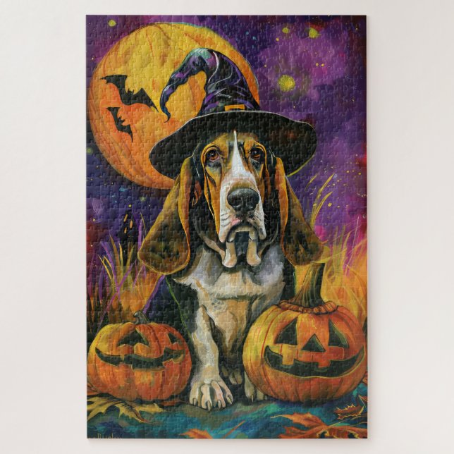 Spooky Basset Hound Halloween Hexe und Kürbiskürbi (Vertikal)