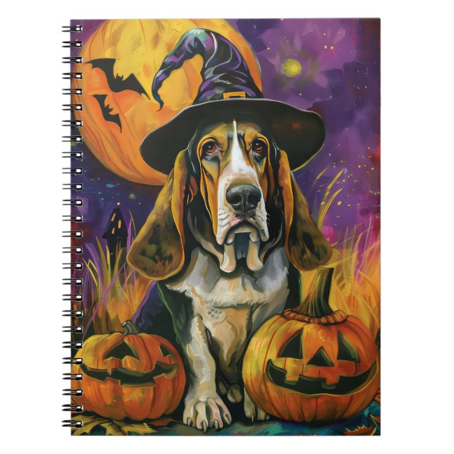 Spooky Basset Hound Halloween Hexe und Kürbiskürbi Notizblock (Vorderseite)