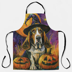 Spooky Basset Hound Halloween Hexe und Kürbiskürbi Schürze
