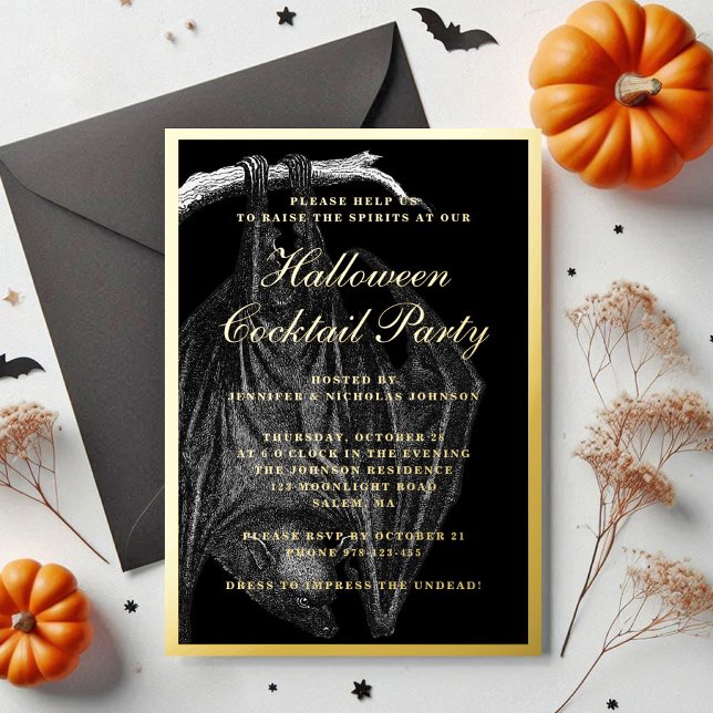 Spooky Bat Halloween Cocktail Party Gold Folieneinladung (Spooky Bat Halloween Cocktail Party Gold Foil Invitation)