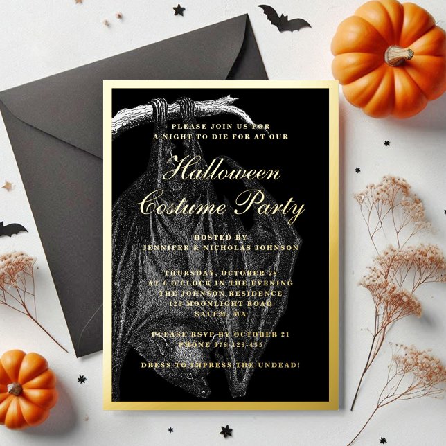 Spooky Bat Halloween Kostüm Party Gold Folieneinladung (Spooky Bat Halloween Costume Party Gold Foil Invitation)