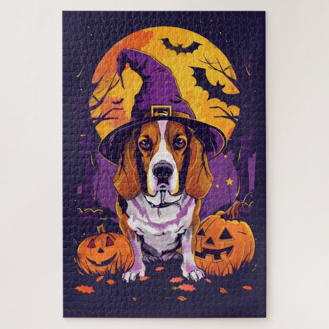Spooky Beagle Halloween Hexe und Kürbis (Vertikal)