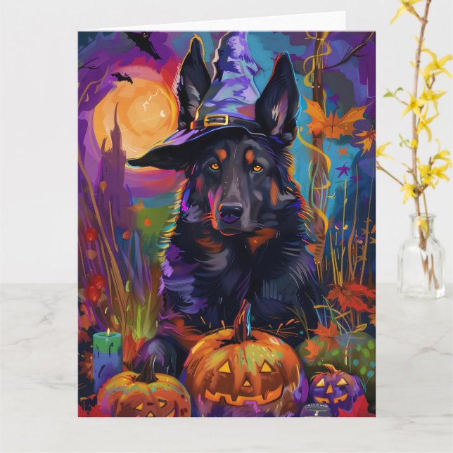 Spooky Belgischer Schäferhund Halloween Hexenkürbi Karte (Gelbe Blume)