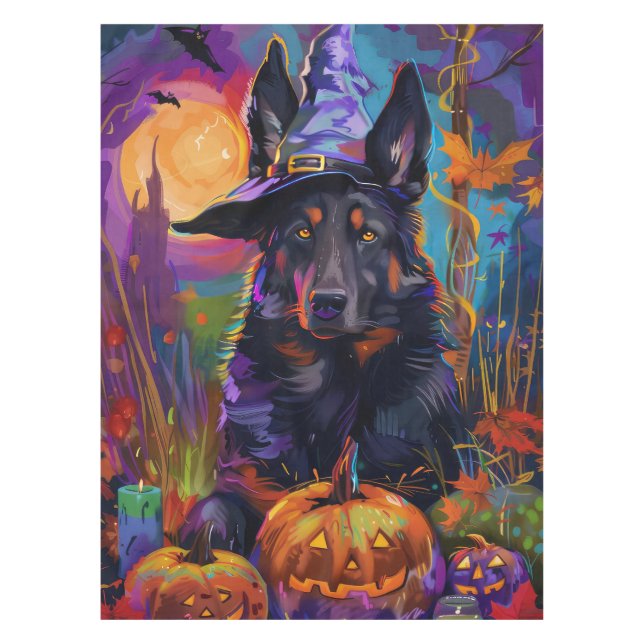 Spooky Belgischer Schäferhund Halloween Hexenkürbi Tischdecke (Vorderseite)