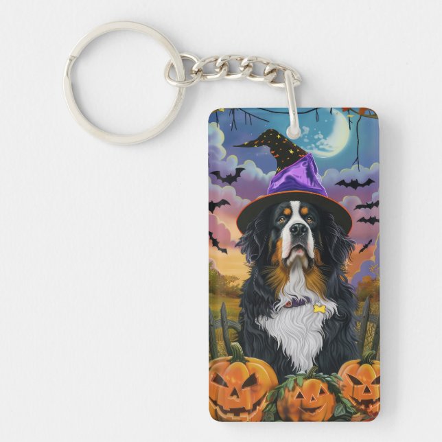 Spooky Bernese Mountain Halloween Hexenkürbis Schlüsselanhänger (Vorderseite)