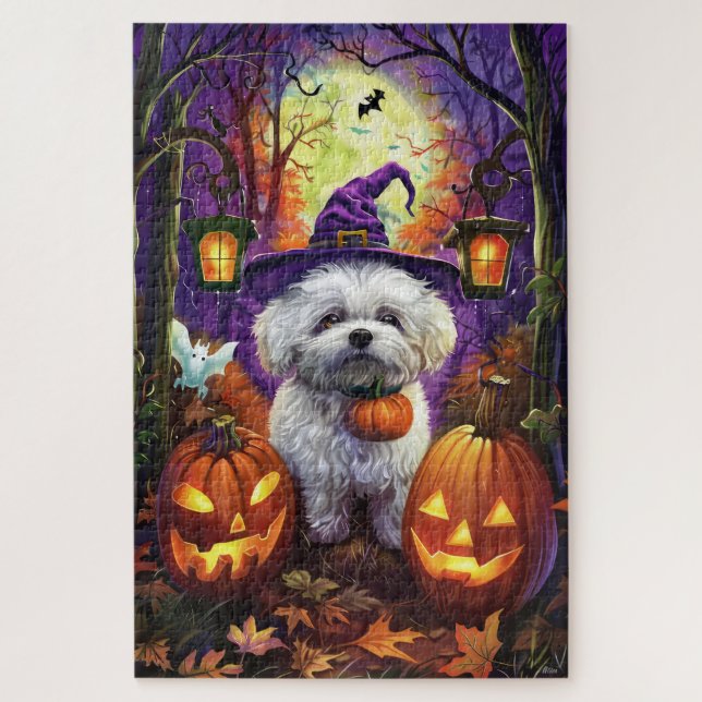 Spooky Bichon Frise Halloween Hexe und Pumpkin (Vertikal)