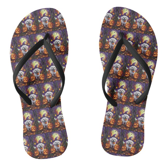 Spooky Bichon Frise Halloween Hexe und Pumpkin Flip Flops (Fußbett)