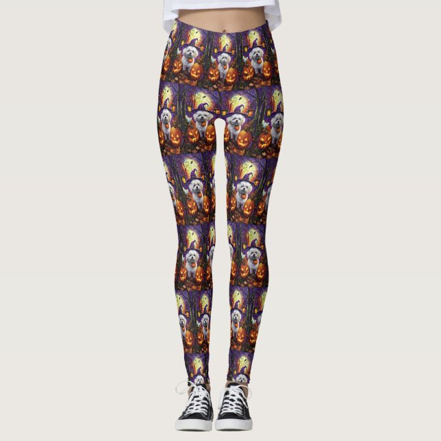Spooky Bichon Frise Halloween Hexe und Pumpkin Leggings (Vorderseite)