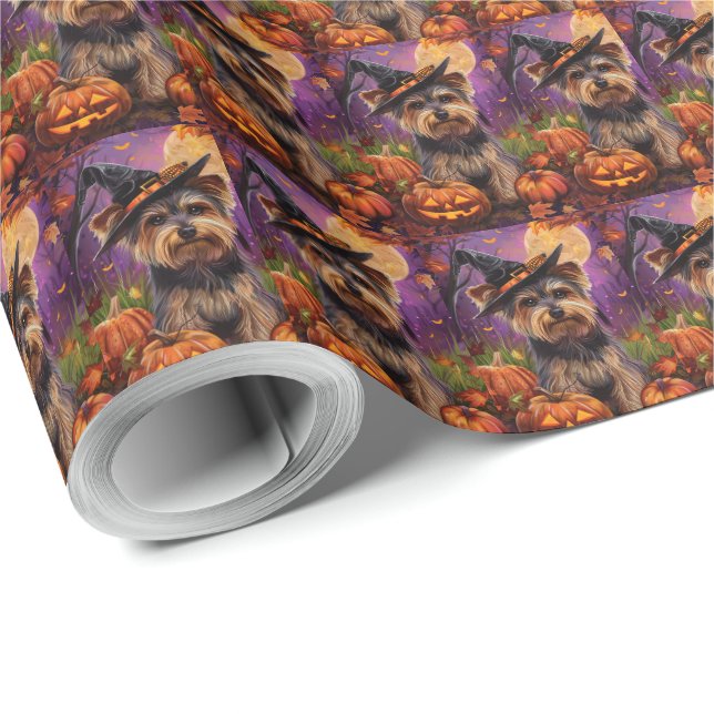 Spooky Biewer Terrier Halloween Hexe und Pumpkin Geschenkpapier (Rolleneckpunkt)