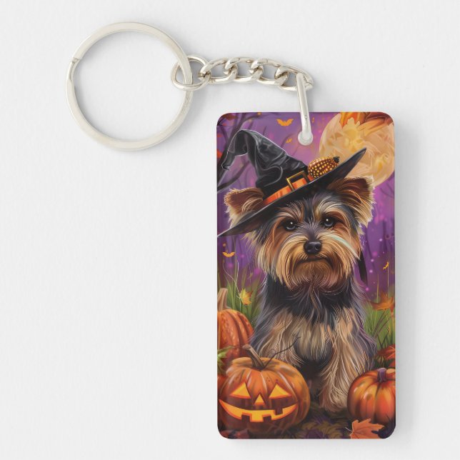 Spooky Biewer Terrier Halloween Hexe und Pumpkin Schlüsselanhänger (Vorderseite)
