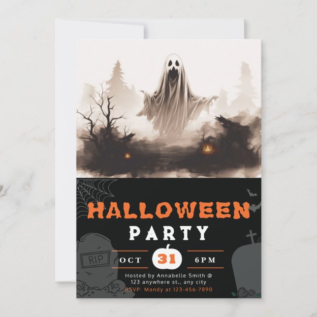 Spooky Black and White Ghost Creepy Halloween Einladung (Vorderseite)