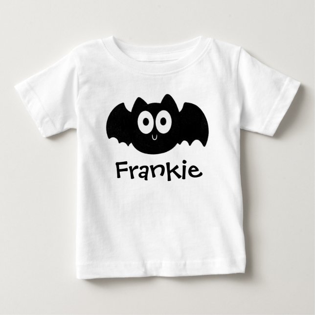 Spooky Black Bat Halloween Personalisierter Name Baby T-shirt (Vorderseite)