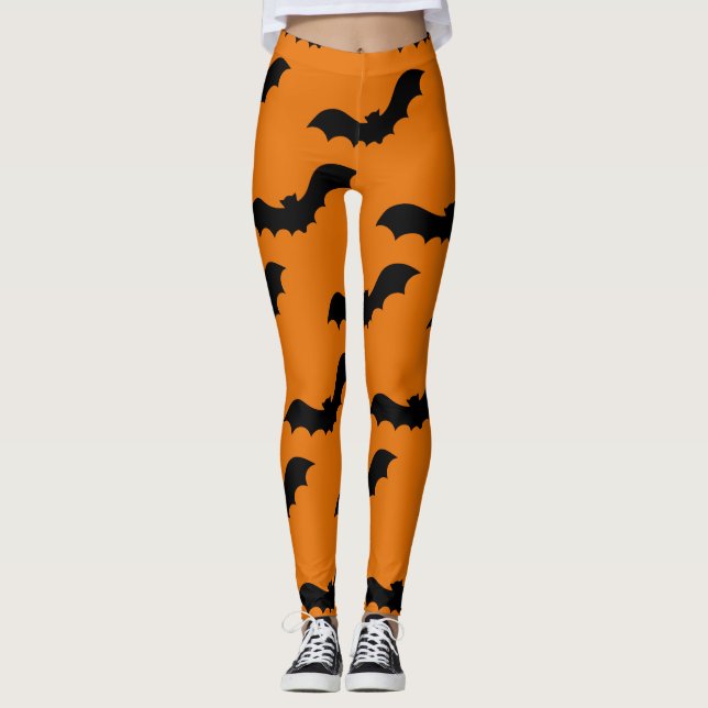 Spooky Black Bats Muster Halloween Orange Leggings (Vorderseite)