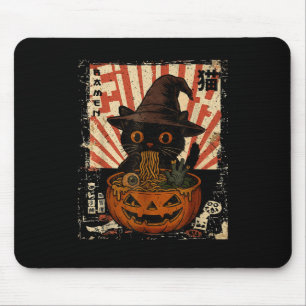 Spooky Black Cat Eating Ramen Japanisch Halloween Mousepad
