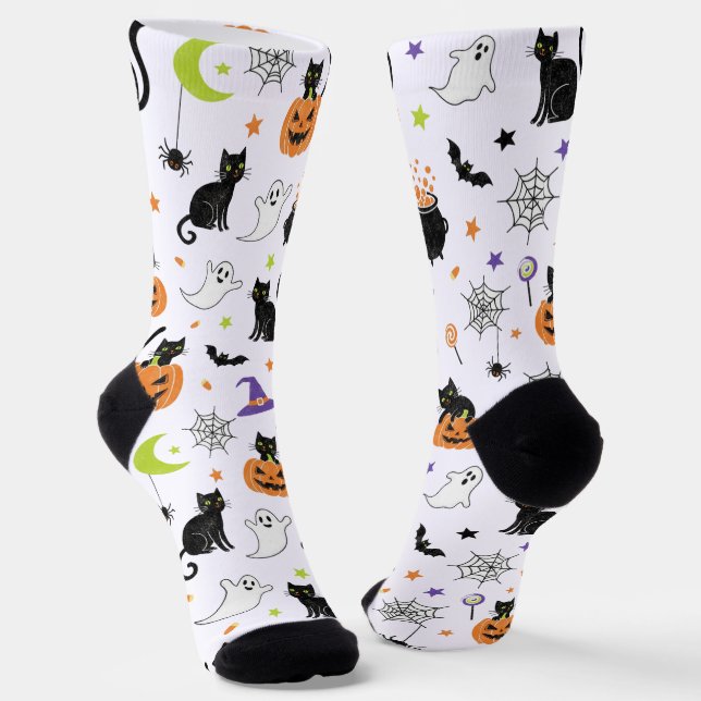 Spooky Black Cat & Ghost Halloween Pattern Socks Socken (Gewinkelt)